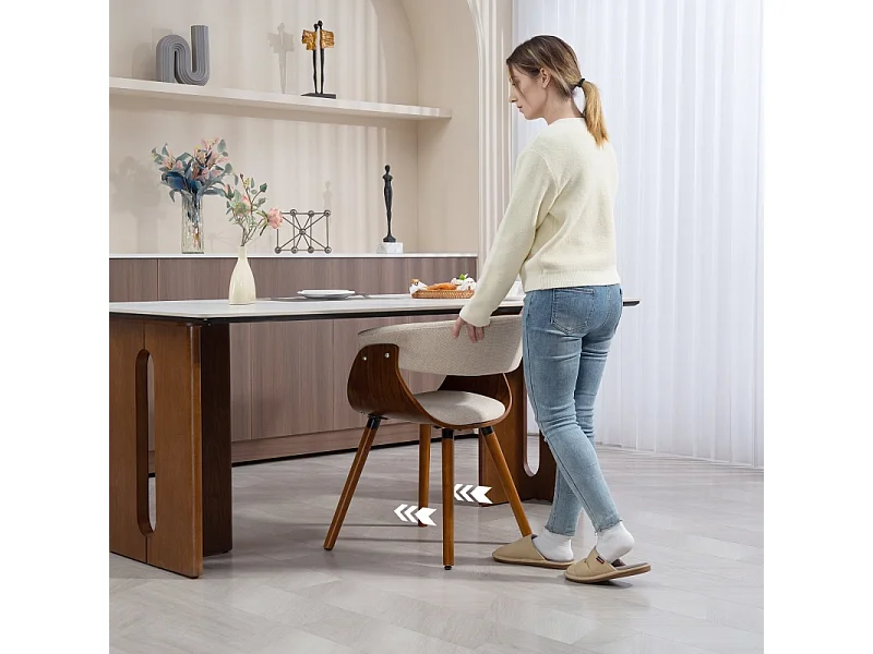 Eetkamerstoel, keukenstoel met rugleuning, linnenlook, gestoffeerde stoel met houten poten, beige