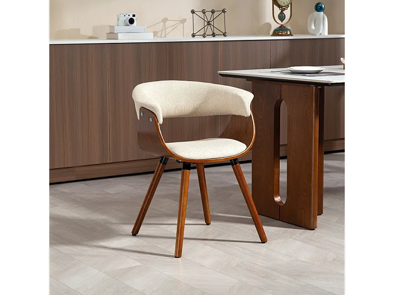 Eetkamerstoel, keukenstoel met rugleuning, linnenlook, gestoffeerde stoel met houten poten, beige