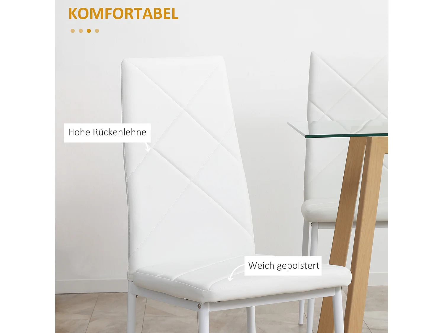 Eetkamerstoelen set van 4, gestoffeerde keukenstoelen, gestoffeerde stoel met stalen poten, imitatieleer, wit
