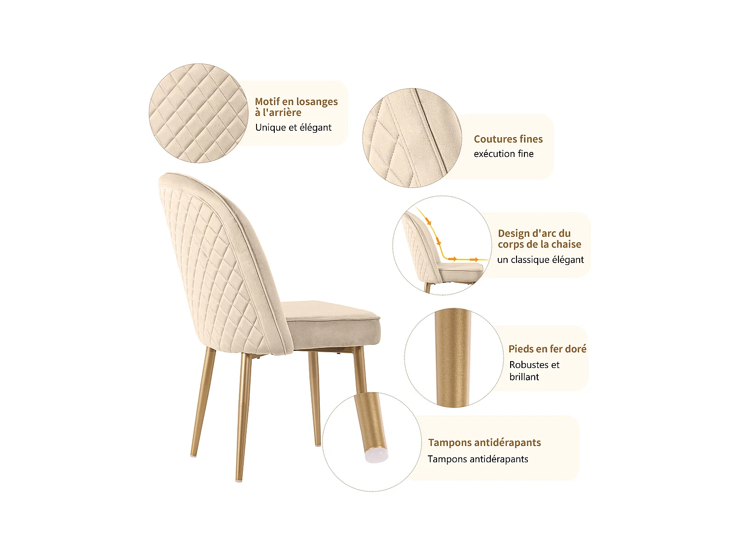 Lot de 2 chaises de salle à manger, chaises de salle à manger modernes en velours, pieds en métal doré, beige