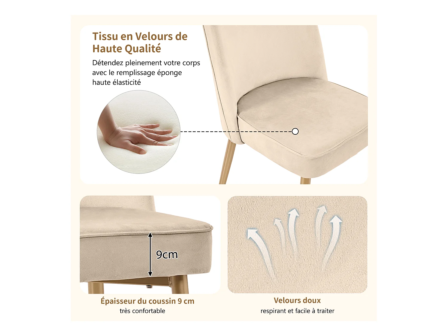 Lot de 2 chaises de salle à manger, chaises de salle à manger modernes en velours, pieds en métal doré, beige