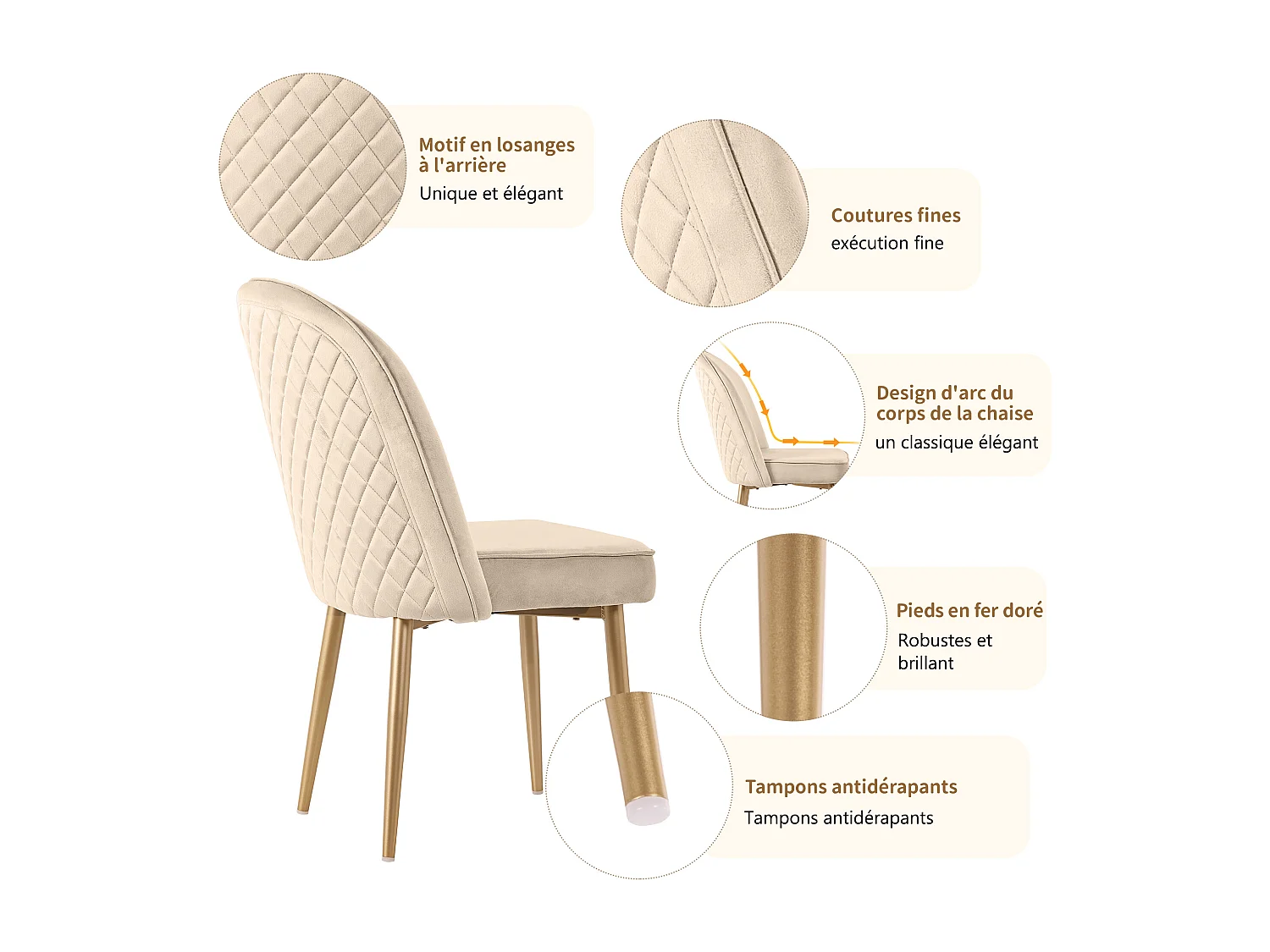 Lot de 2 chaises de salle à manger, chaises de salle à manger modernes en velours, pieds en métal doré, beige