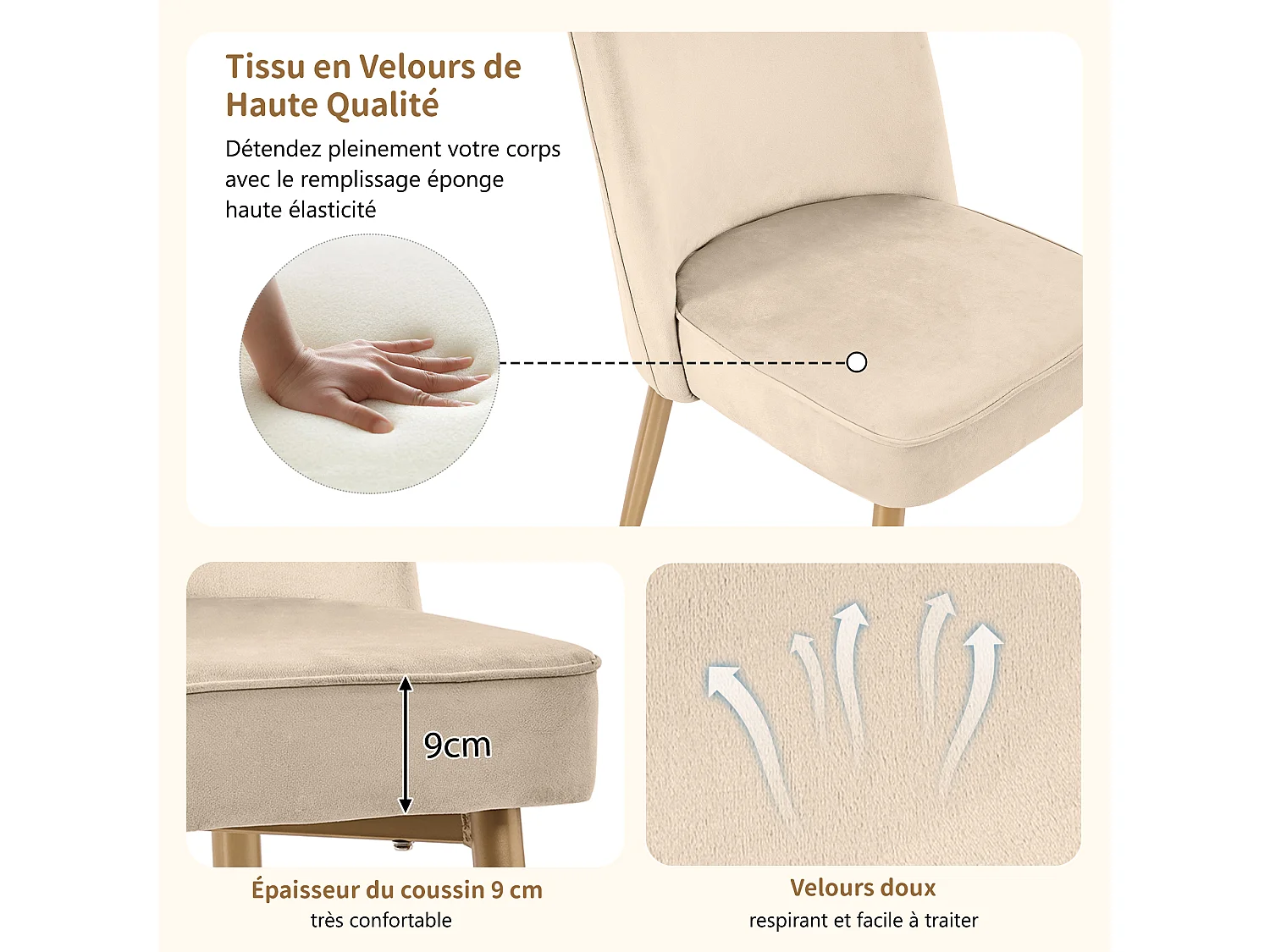 Lot de 2 chaises de salle à manger, chaises de salle à manger modernes en velours, pieds en métal doré, beige