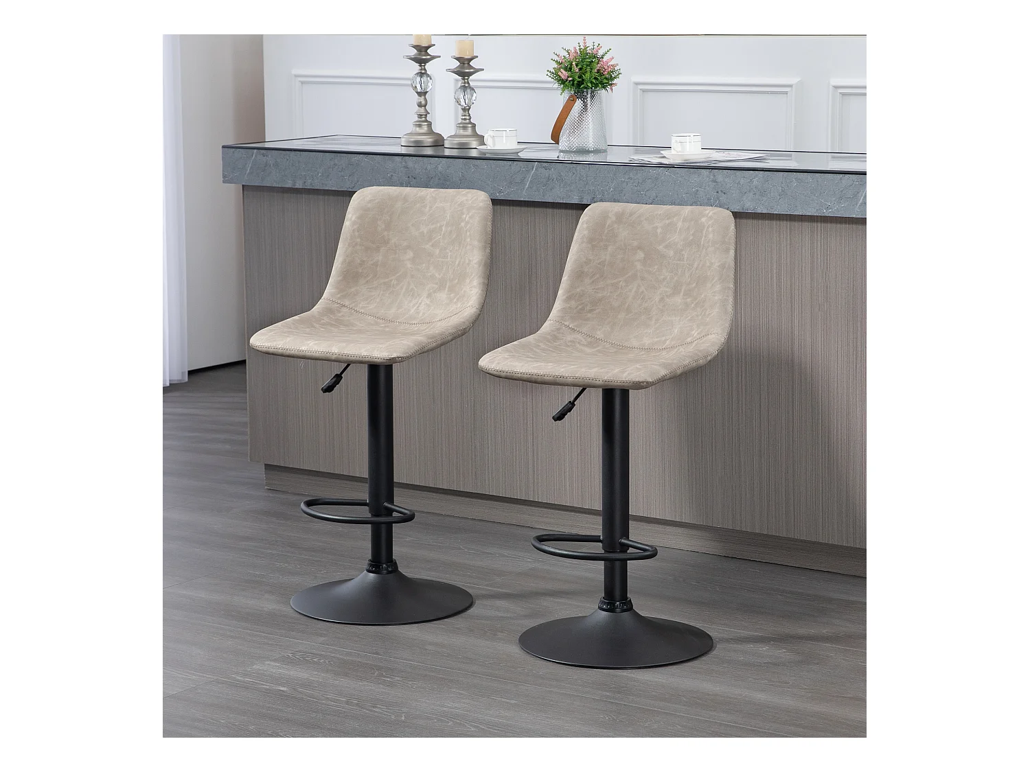 Lot de 2 tabourets de bar, tabouret de bistrot avec repose-pieds, pivotant, réglable en hauteur, revêtement en similicuir, pour le salon, beige