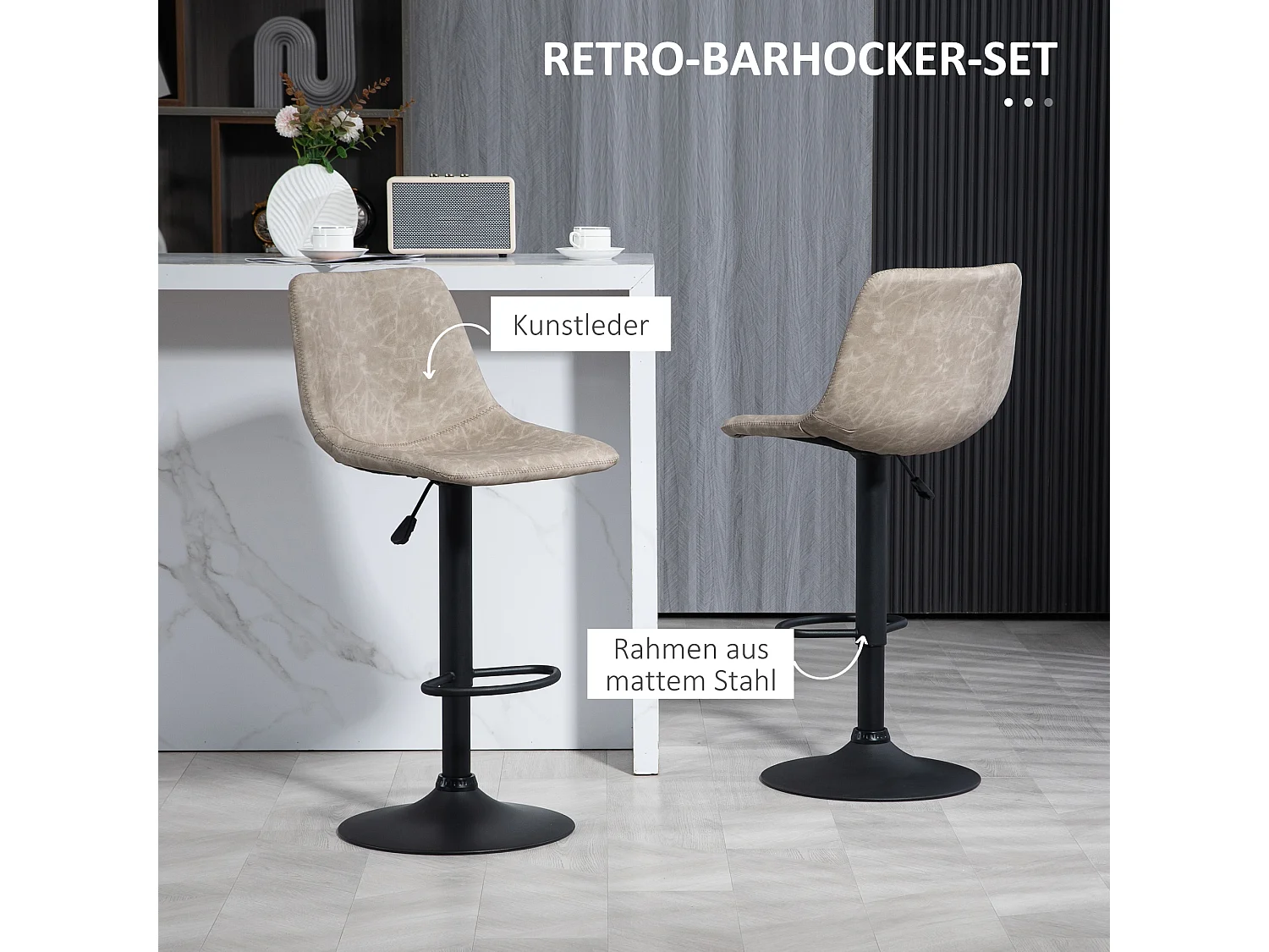Barkruk set van 2, bistrokruk met voetenbankje, draaibaar, in hoogte verstelbaar, kunstleren bekleding, voor in de woonkamer, beige