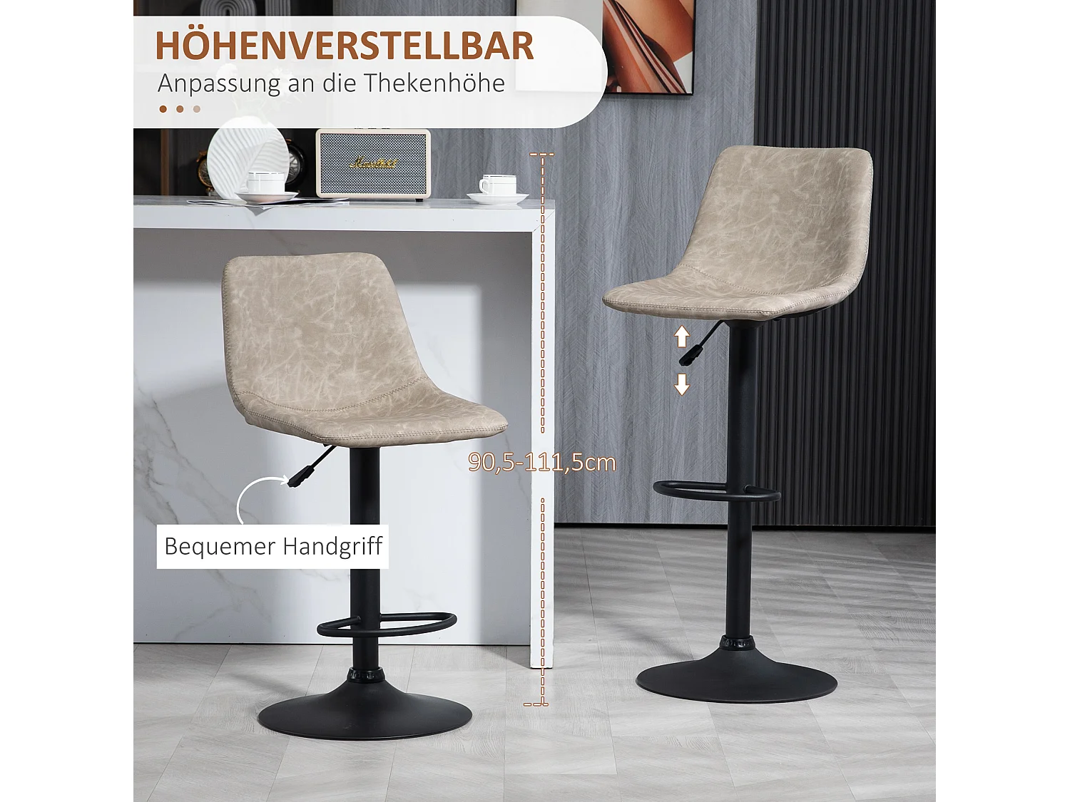 Barkruk set van 2, bistrokruk met voetenbankje, draaibaar, in hoogte verstelbaar, kunstleren bekleding, voor in de woonkamer, beige