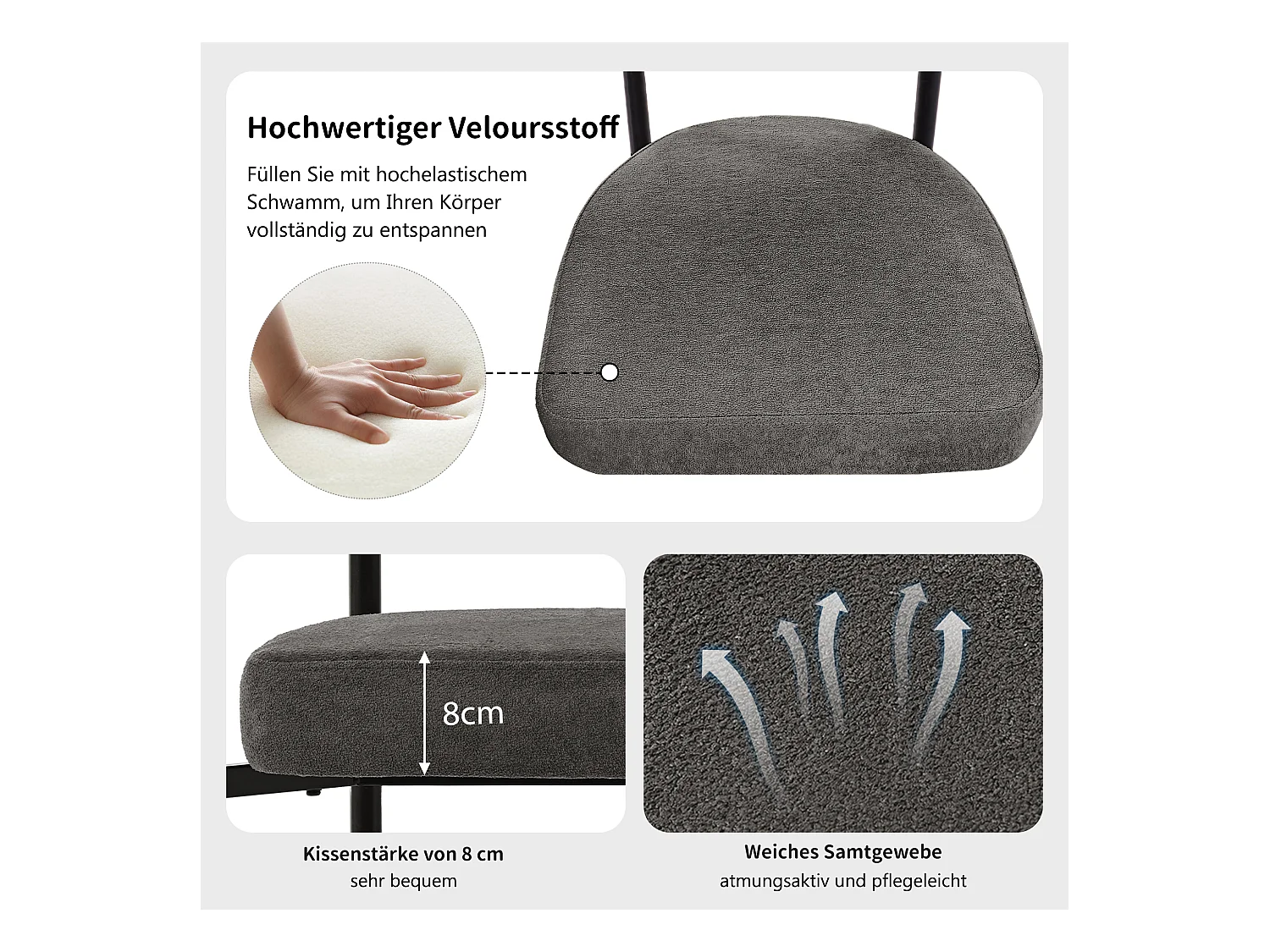 Esszimmerstühle 2er-Set, moderne Stühle aus dunkelgrauem Wildlederstoff, bequeme Ringsitze, für Esszimmer, Wohnzimmer