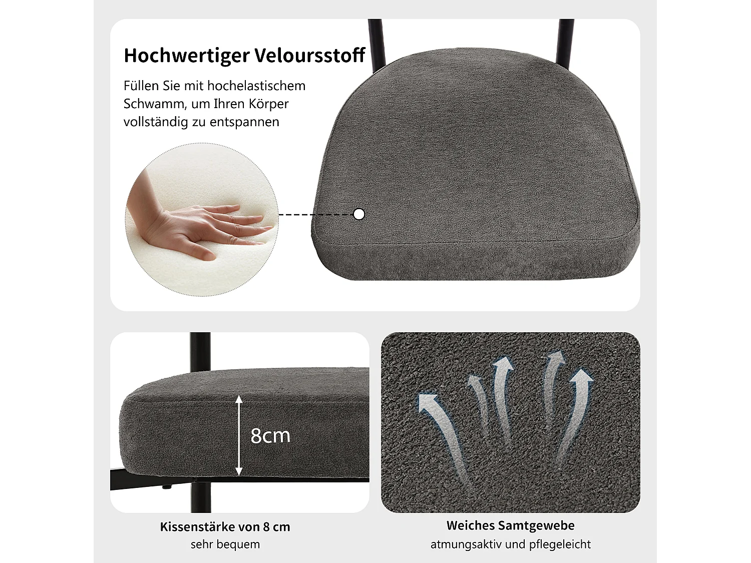 Esszimmerstühle 2er-Set, moderne Stühle aus dunkelgrauem Wildlederstoff, bequeme Ringsitze, für Esszimmer, Wohnzimmer