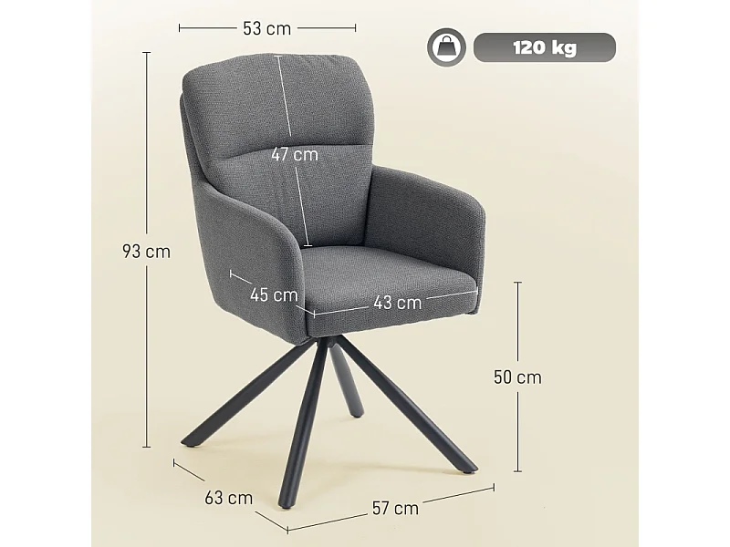 Chaise de salle à manger rembourrée, chaise de cuisine avec rembourrage épais, accoudoirs, pieds en métal, gris