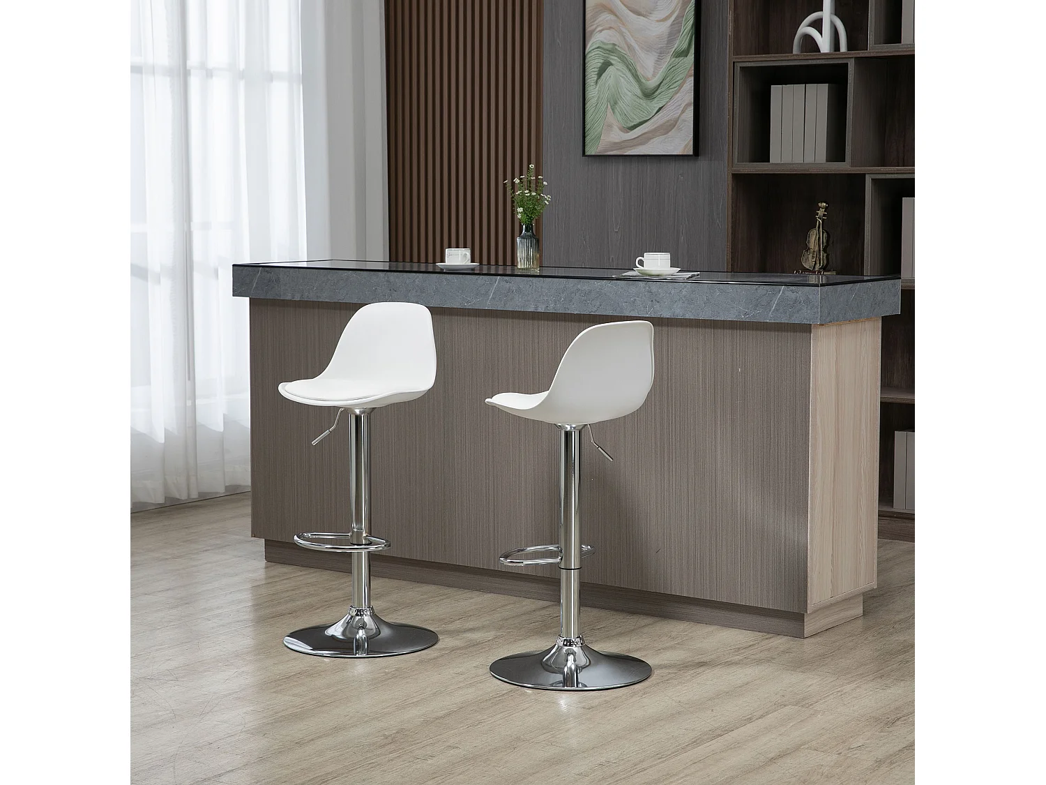 Juego de 2 taburetes de bar, sillas giratorias hasta 120 kg, con respaldo, regulable en altura, piel sintética y acero, color blanco