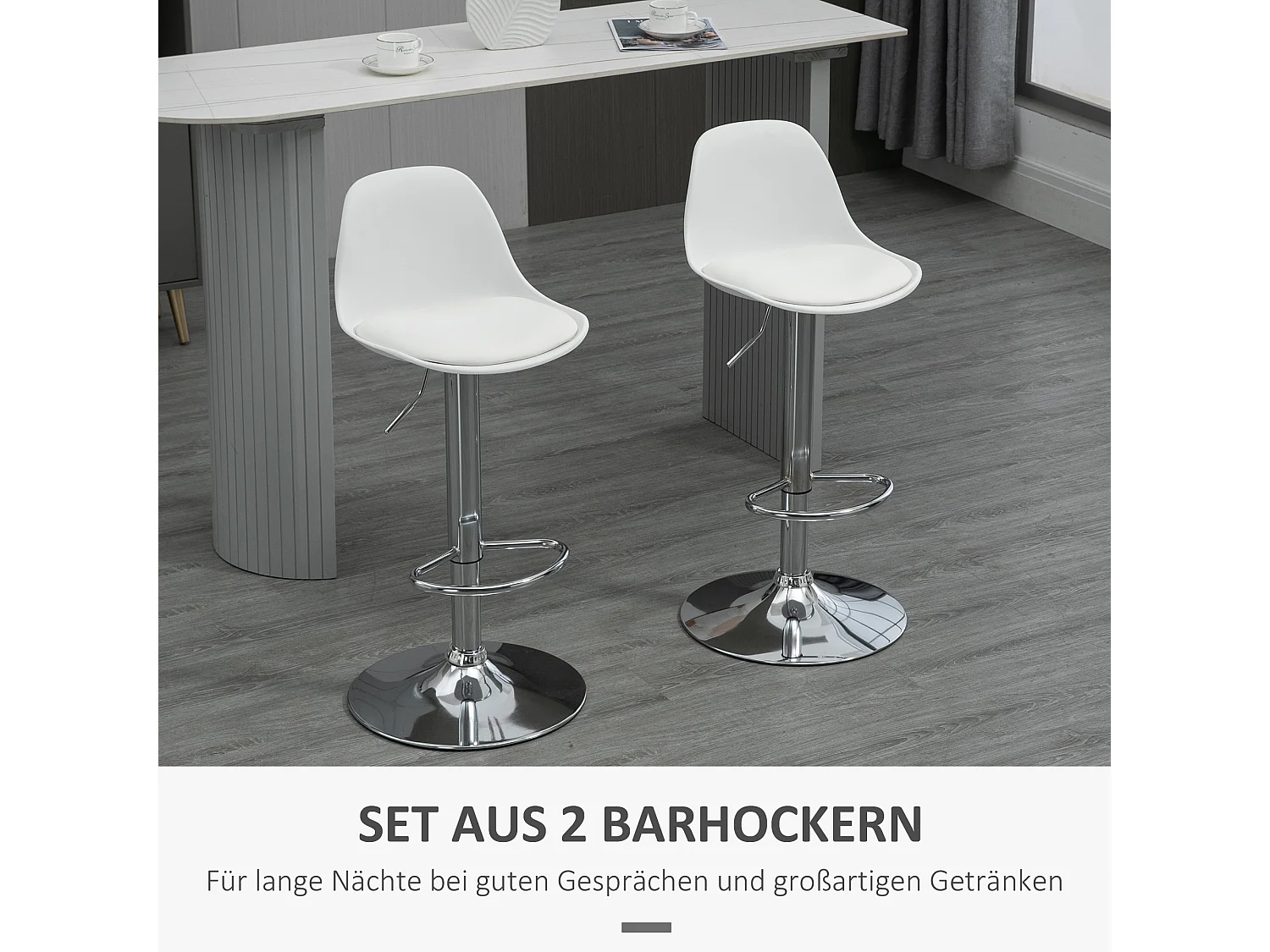 Juego de 2 taburetes de bar, sillas giratorias hasta 120 kg, con respaldo, regulable en altura, piel sintética y acero, color blanco
