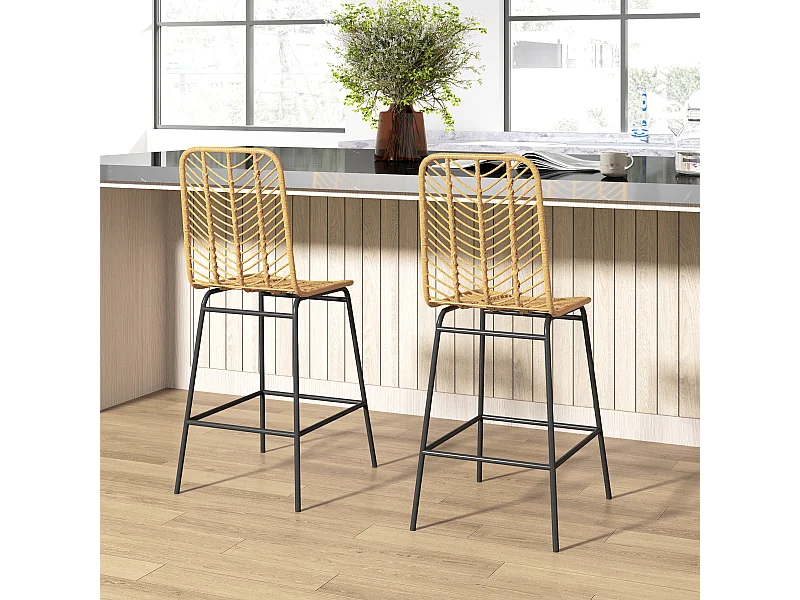 Set van 2 barkrukken met rugleuning in boho-stijl, PE-rotan, inclusief voetenbankje, geel + zwart