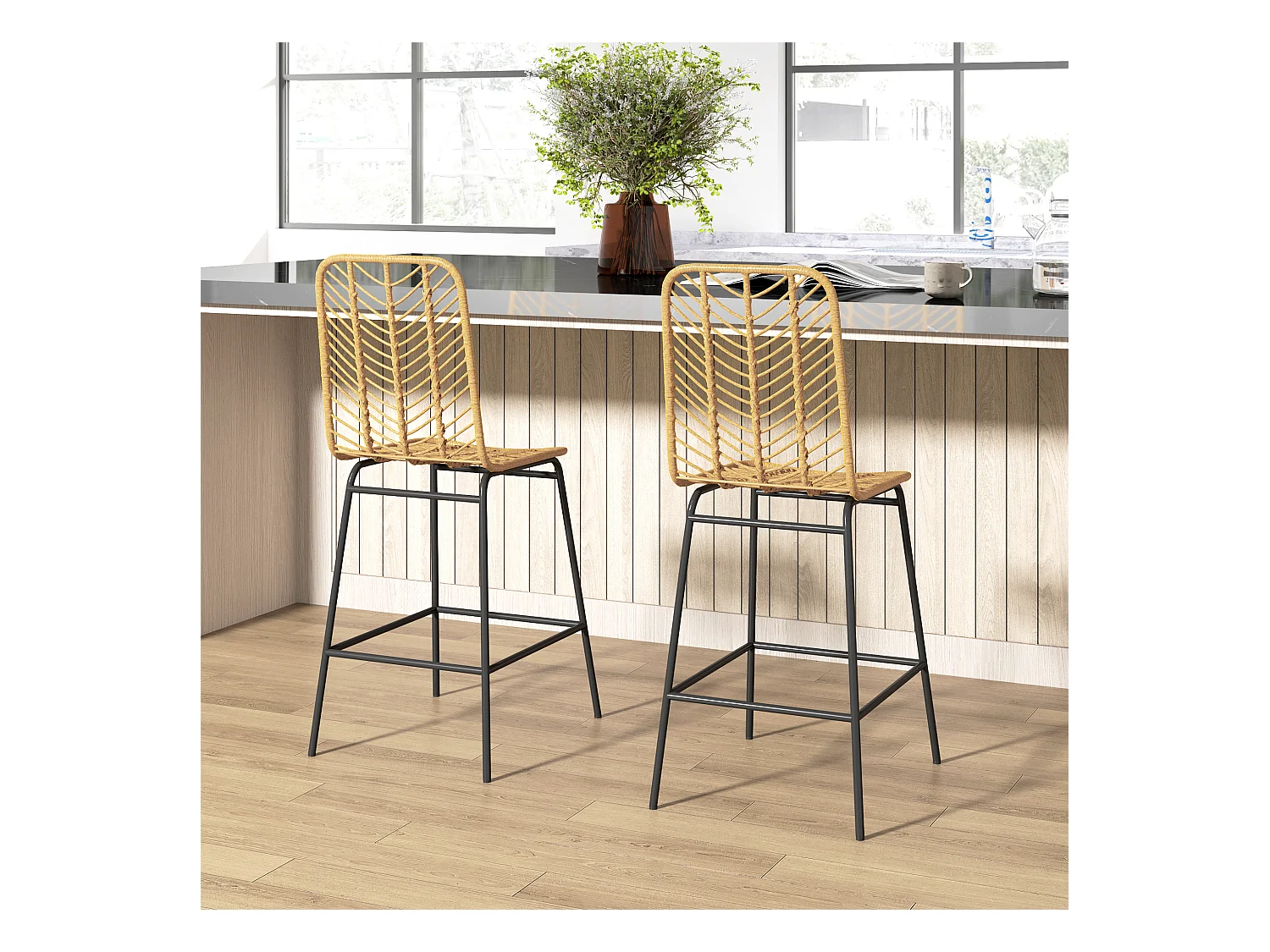 Ensemble de 2 tabourets de bar avec dossier style bohème, en rotin PE, avec repose-pieds, jaune + noir