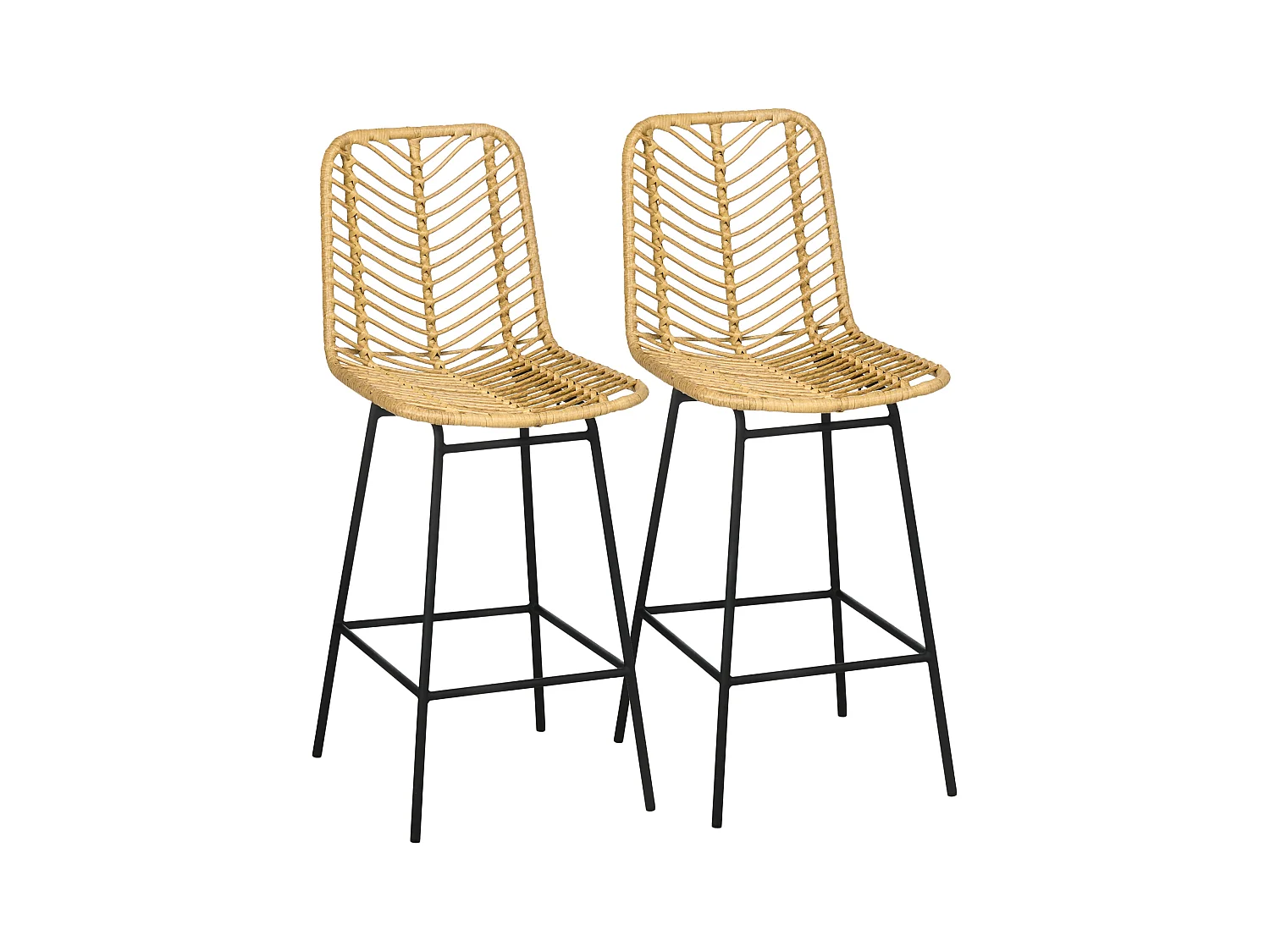 Ensemble de 2 tabourets de bar avec dossier style bohème, en rotin PE, avec repose-pieds, jaune + noir