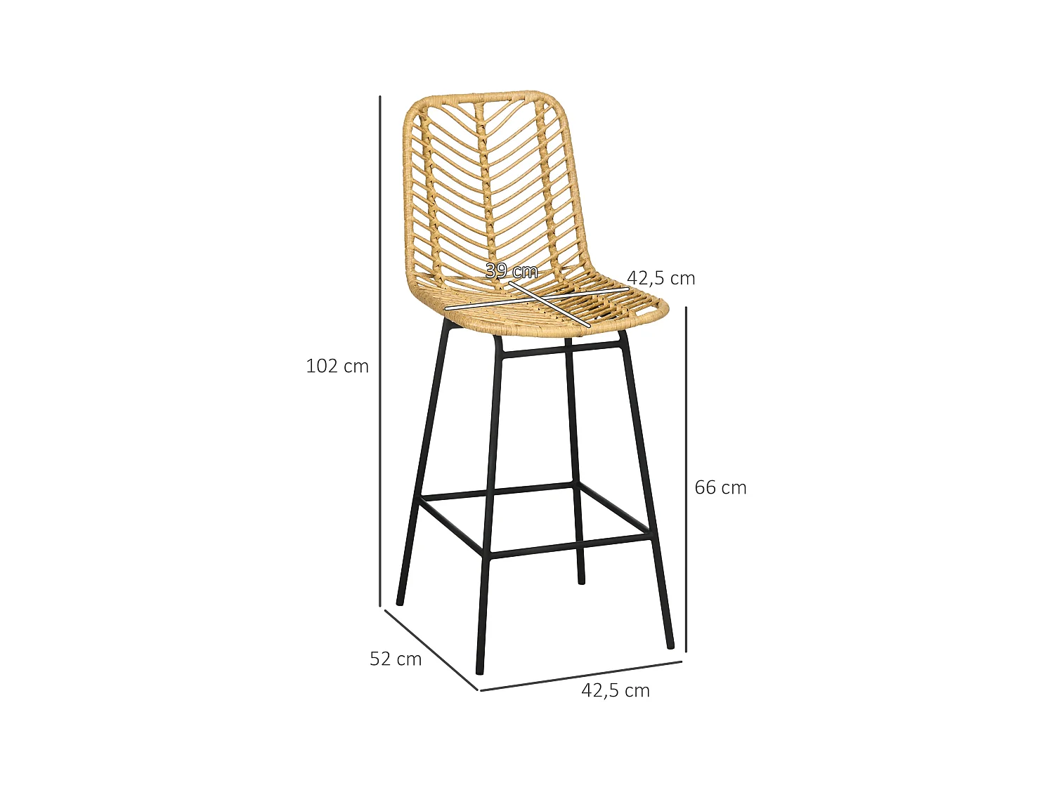 Ensemble de 2 tabourets de bar avec dossier style bohème, en rotin PE, avec repose-pieds, jaune + noir