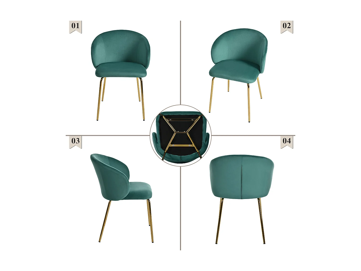 Ensemble de 2 chaises de salle à manger, élégantes avec revêtement en velours, accoudoirs, pieds en métal doré, stylées, vertes