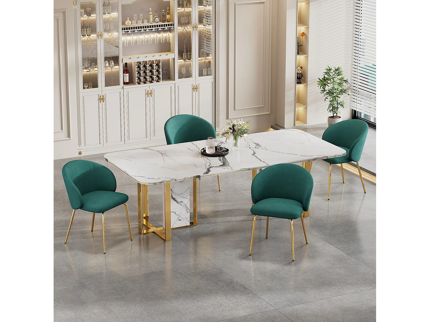 Ensemble de 2 chaises de salle à manger, élégantes avec revêtement en velours, accoudoirs, pieds en métal doré, stylées, vertes