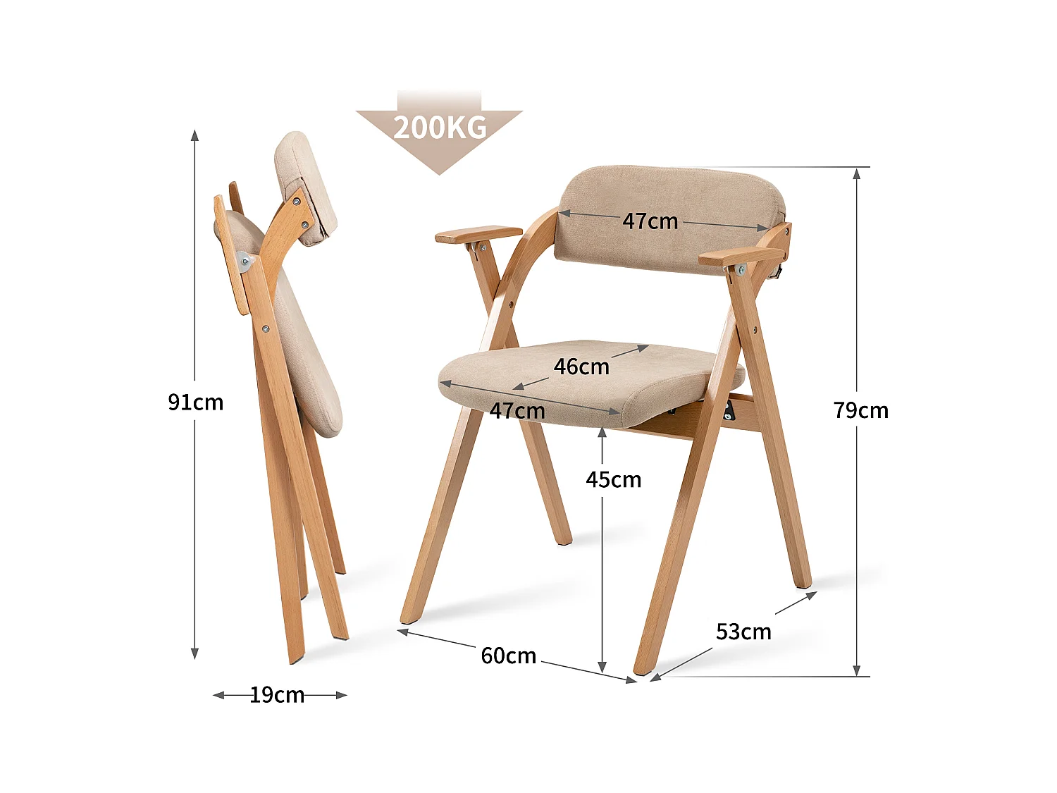 Chaises pliantes avec accoudoirs, lot de 2, chaises de salle à manger empilables en bois avec assise rembourrée, kaki