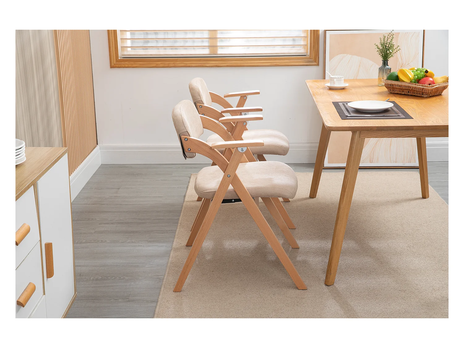 Chaises pliantes avec accoudoirs, lot de 2, chaises de salle à manger empilables en bois avec assise rembourrée, kaki