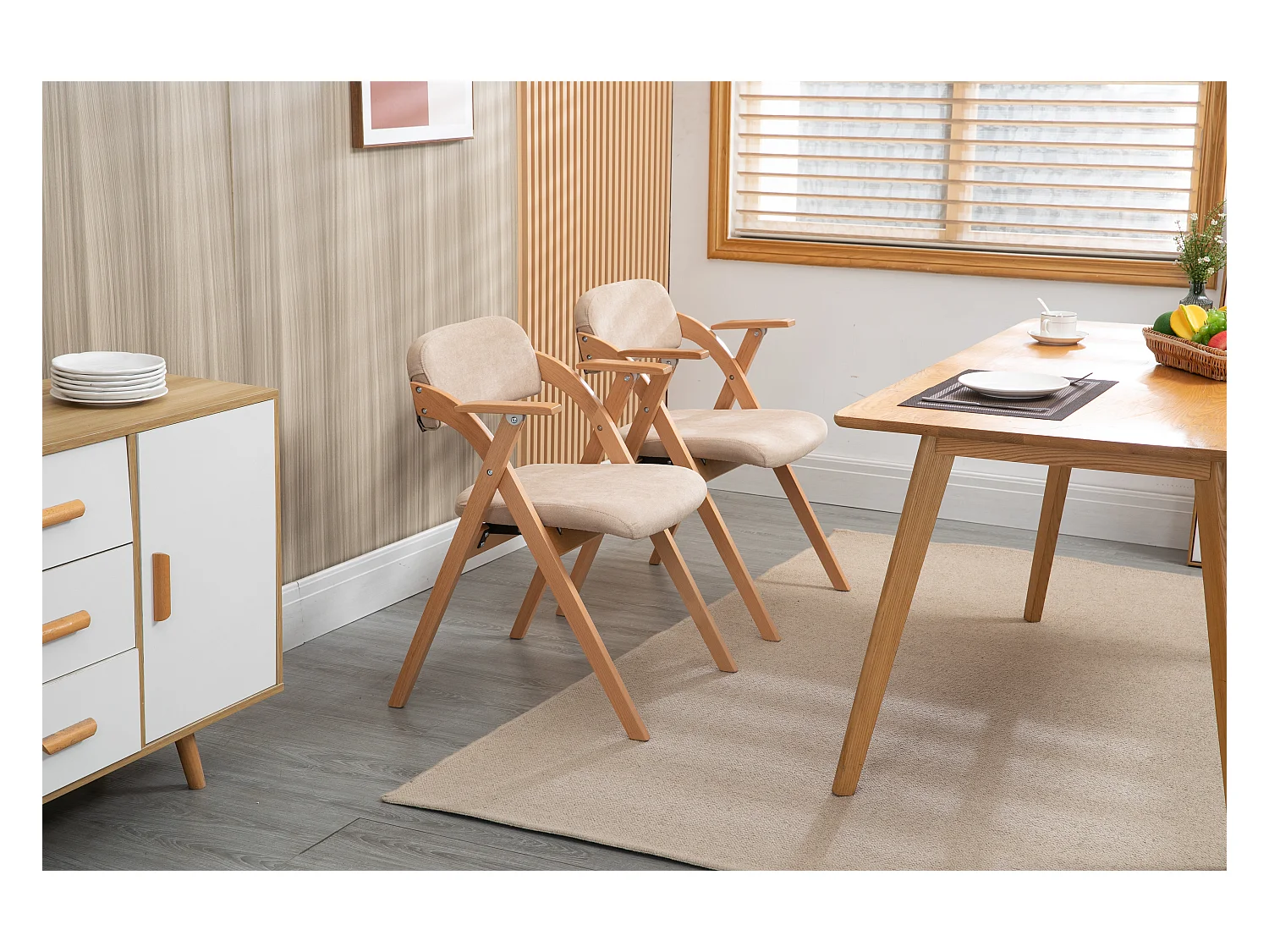 Chaises pliantes avec accoudoirs, lot de 2, chaises de salle à manger empilables en bois avec assise rembourrée, kaki