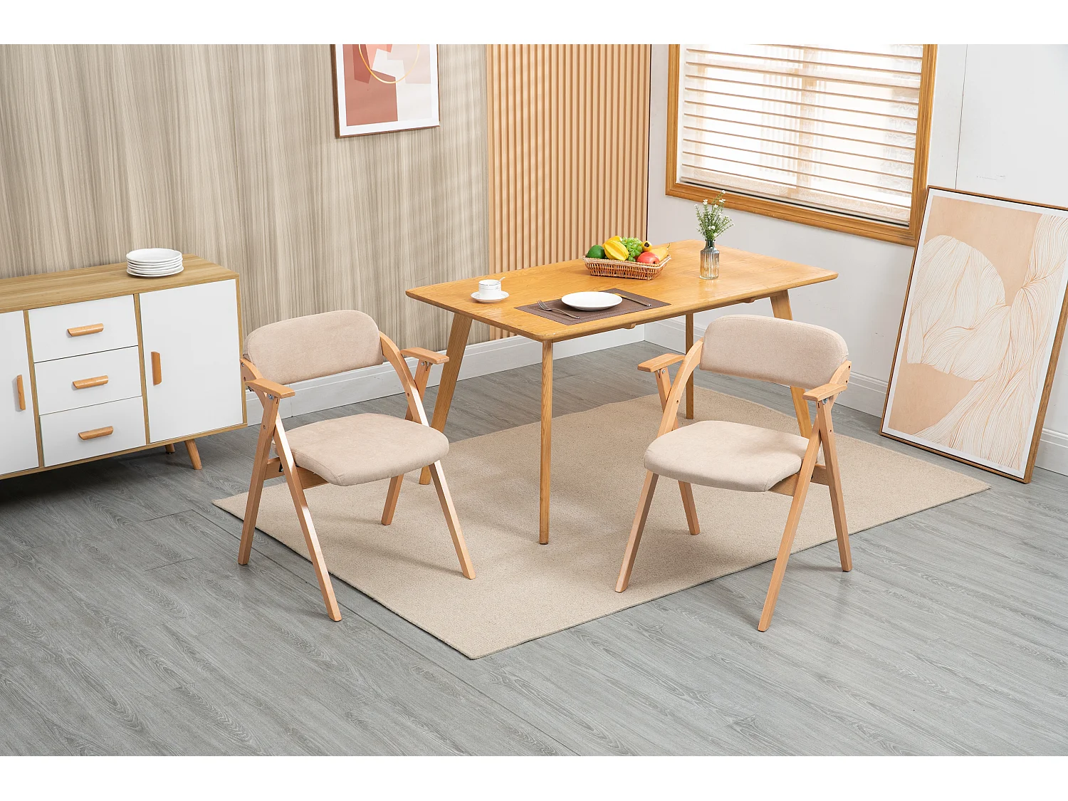 Opvouwbare stoelen met armleuningen, set van 2, houten stapelbare eetkamerstoelen met gestoffeerde zittingen, kaki