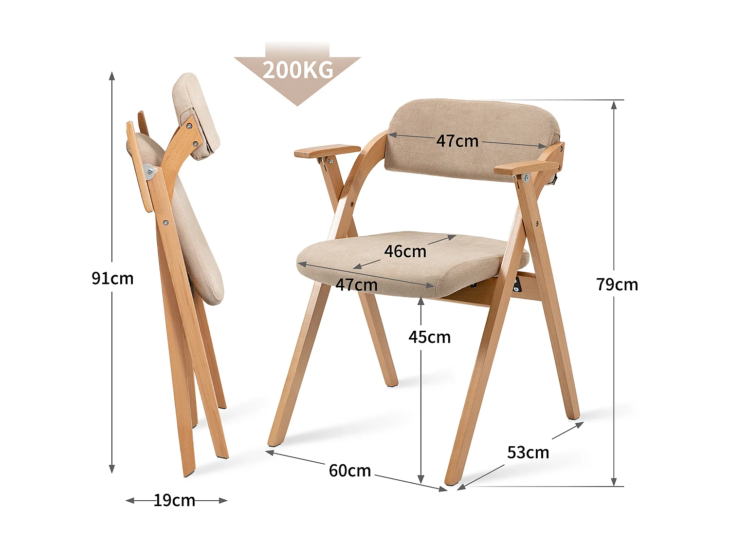 Opvouwbare stoelen met armleuningen, set van 2, houten stapelbare eetkamerstoelen met gestoffeerde zittingen, kaki