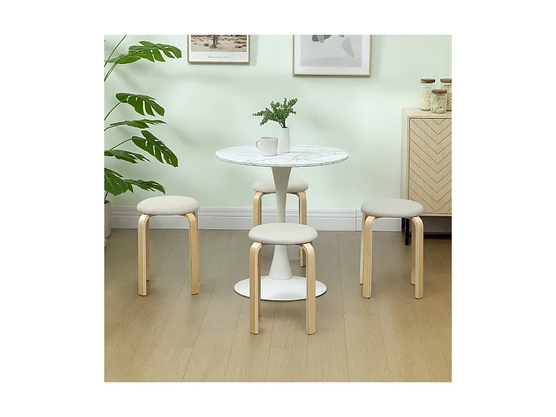 Ensemble de 4 tabourets de salle à manger, empilables, ronds, rembourrés aspect lin, pour cuisine, salon, blanc crème