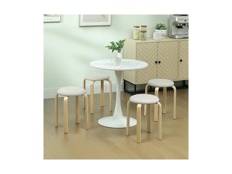 Ensemble de 4 tabourets de salle à manger, empilables, ronds, rembourrés aspect lin, pour cuisine, salon, blanc crème