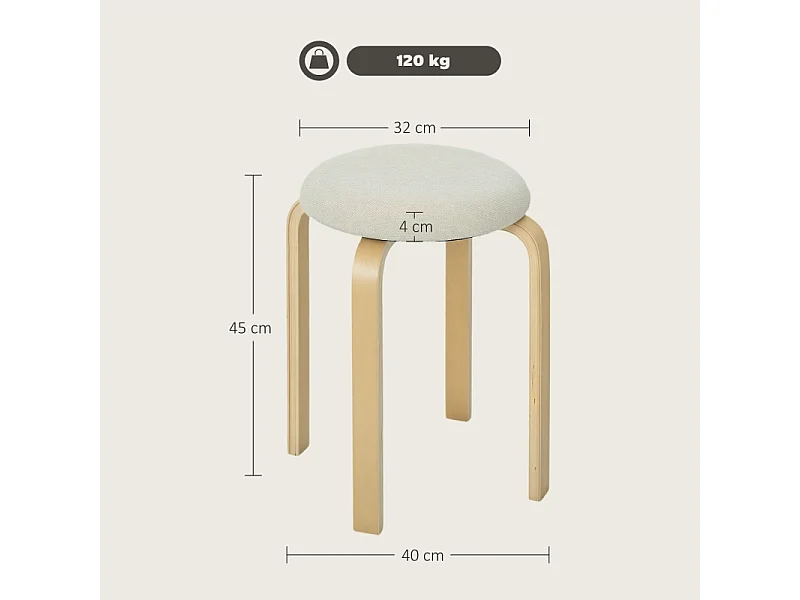 Ensemble de 4 tabourets de salle à manger, empilables, ronds, rembourrés aspect lin, pour cuisine, salon, blanc crème