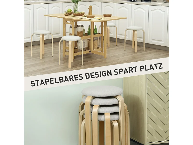 Set van 4 eetkamerstoelen, stapelbaar, rond, bekleed met linnenlook, voor keuken, woonkamer, crèmewit
