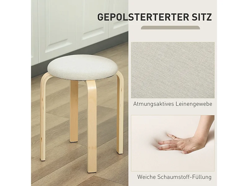 Set van 4 eetkamerstoelen, stapelbaar, rond, bekleed met linnenlook, voor keuken, woonkamer, crèmewit