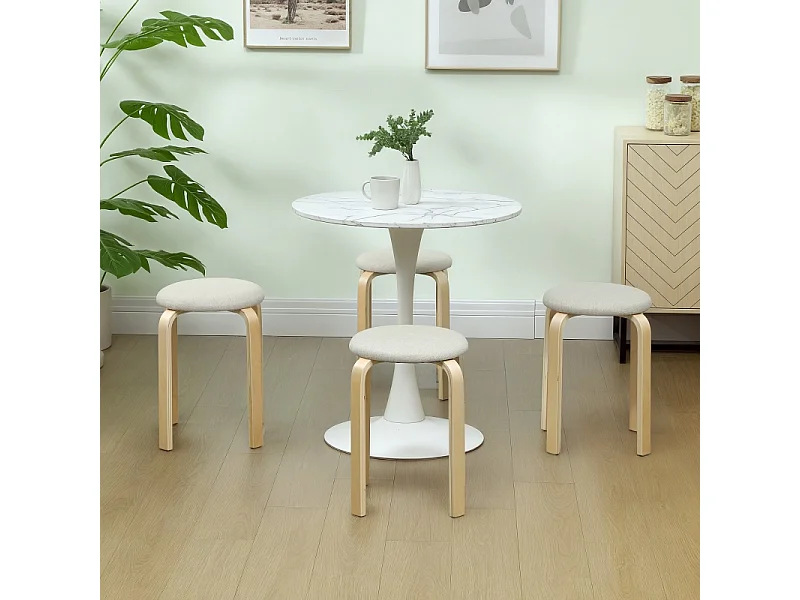 Set van 4 eetkamerstoelen, stapelbaar, rond, bekleed met linnenlook, voor keuken, woonkamer, crèmewit