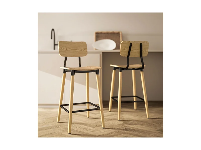 Lot de 2 tabourets de bar, avec dossier et repose-pieds, pieds en acier, pour cuisine, salon, naturel
