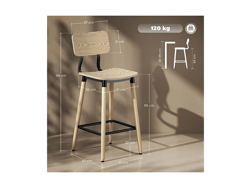 Lot de 2 tabourets de bar, avec dossier et repose-pieds, pieds en acier, pour cuisine, salon, naturel