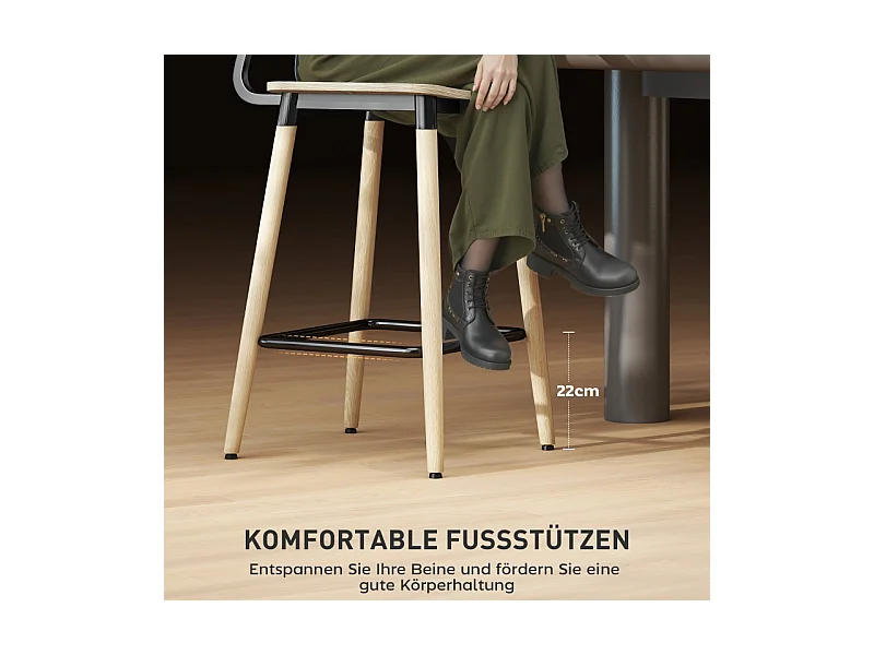 Lot de 2 tabourets de bar, avec dossier et repose-pieds, pieds en acier, pour cuisine, salon, naturel