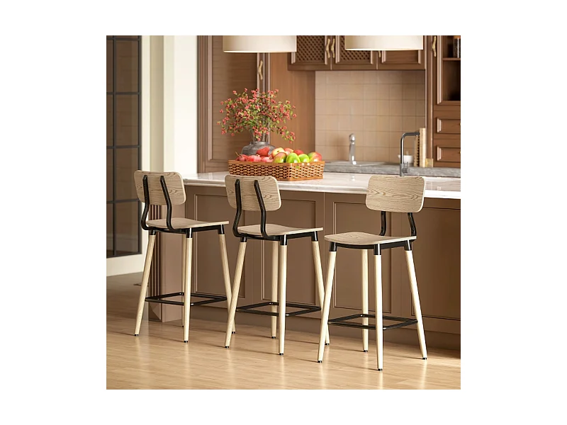 Lot de 2 tabourets de bar, avec dossier et repose-pieds, pieds en acier, pour cuisine, salon, naturel