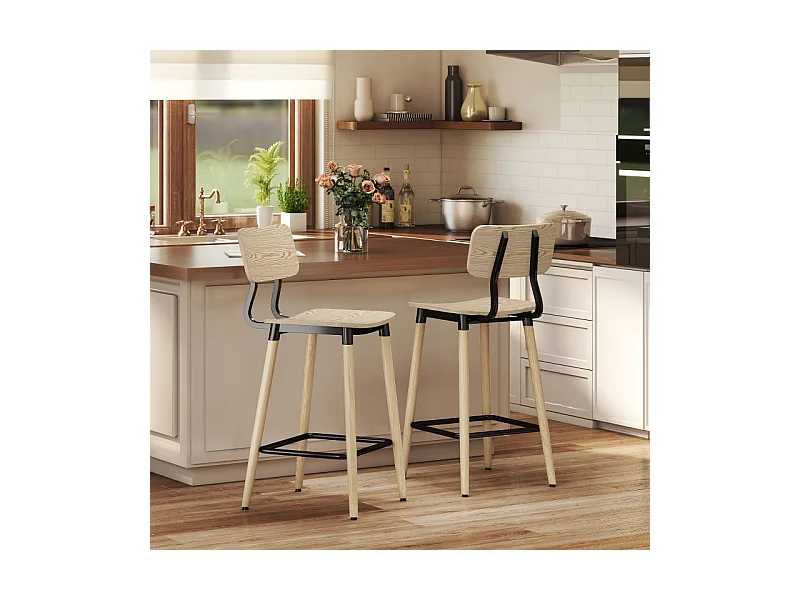 Lot de 2 tabourets de bar, avec dossier et repose-pieds, pieds en acier, pour cuisine, salon, naturel