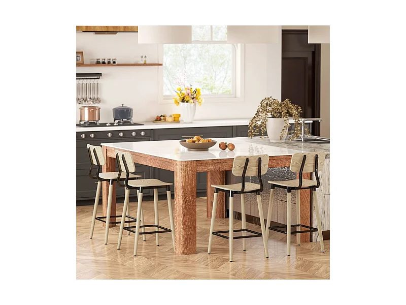 Lot de 2 tabourets de bar, avec dossier et repose-pieds, pieds en acier, pour cuisine, salon, naturel