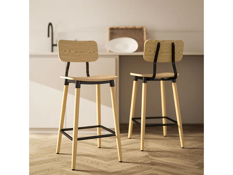 Lot de 2 tabourets de bar, avec dossier et repose-pieds, pieds en acier, pour cuisine, salon, naturel