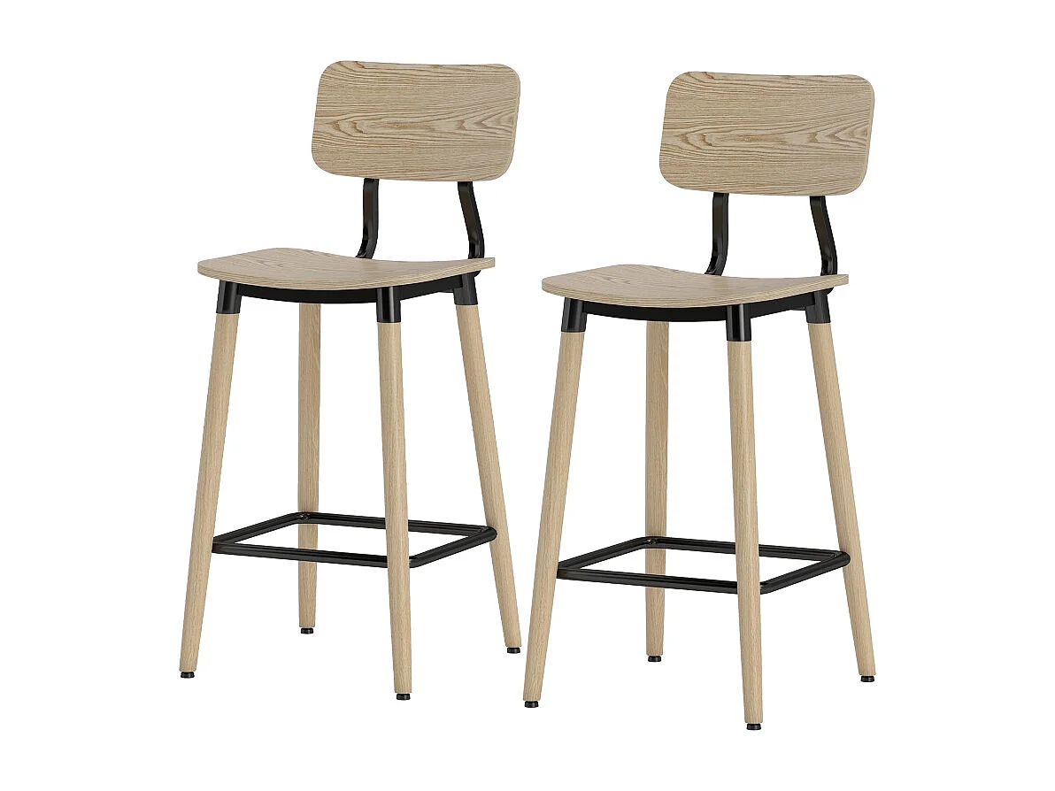 Lot de 2 tabourets de bar, avec dossier et repose-pieds, pieds en acier, pour cuisine, salon, naturel