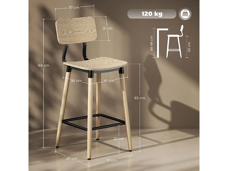 Lot de 2 tabourets de bar, avec dossier et repose-pieds, pieds en acier, pour cuisine, salon, naturel