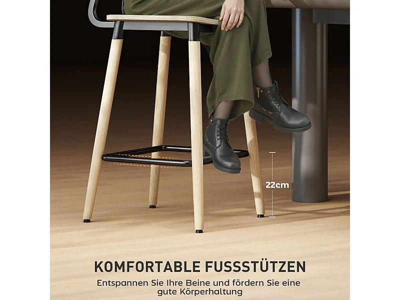 Lot de 2 tabourets de bar, avec dossier et repose-pieds, pieds en acier, pour cuisine, salon, naturel