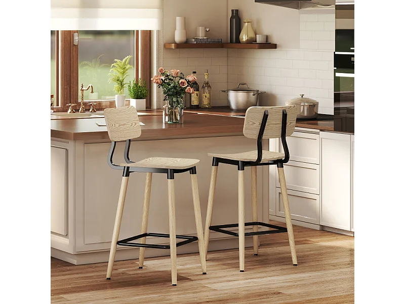 Lot de 2 tabourets de bar, avec dossier et repose-pieds, pieds en acier, pour cuisine, salon, naturel