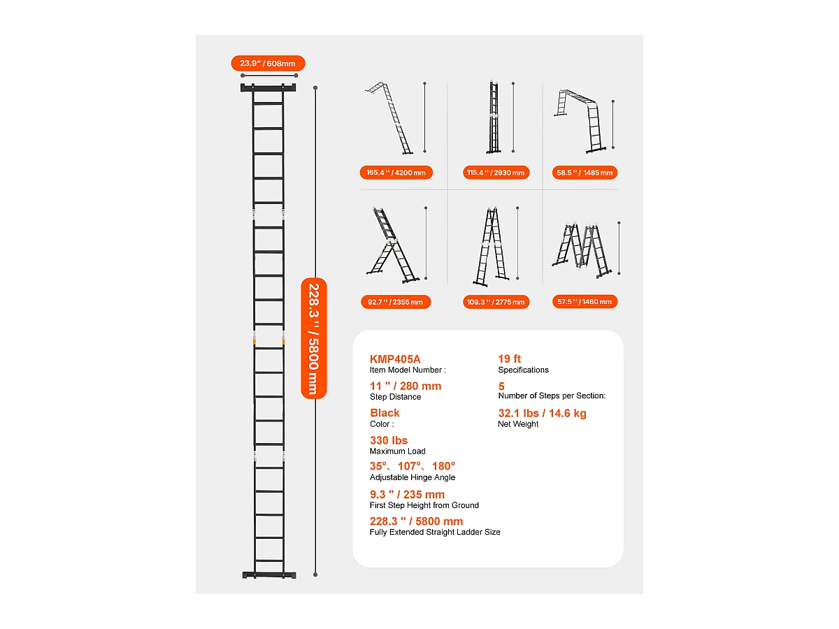 Escada Dobrável Multifuncional SucceBuy 7 em 1, 5 Degraus, Altura de Alcance de 5,8 m, para Trabalho
