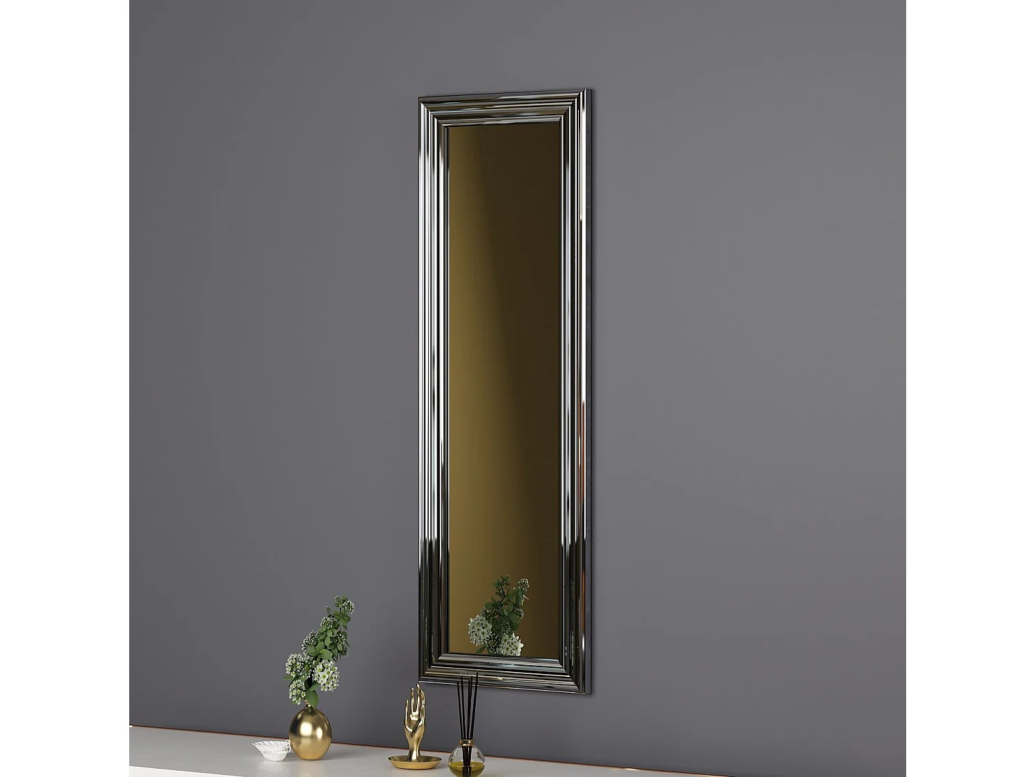 Espelho Moderno "Boos" com Moldura Prateada - 30 x 90 x 2,2 cm para Decoração Sofisticada