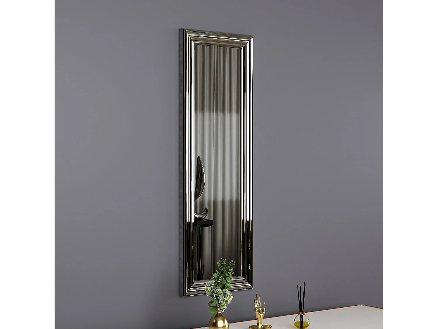 Espelho Moderno "Boos" com Moldura Prateada - 30 x 90 x 2,2 cm para Decoração Sofisticada