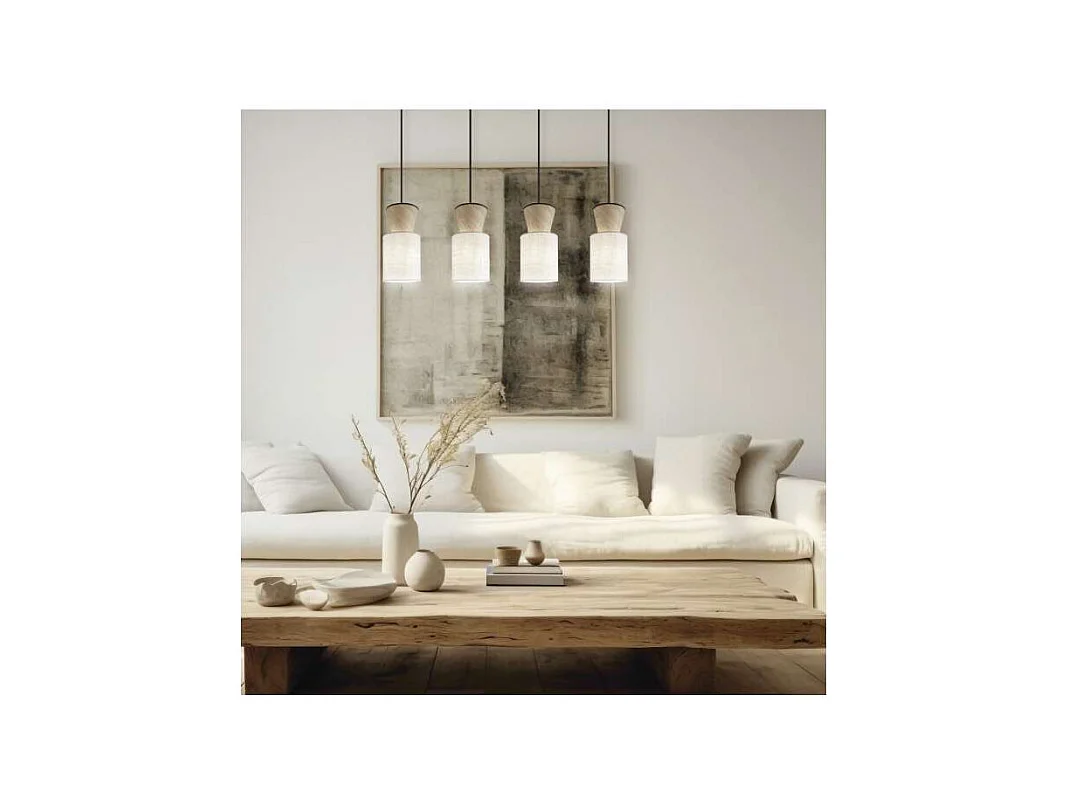 Colgante alargado 4 luces modelo Aosta acabado beige/madera, 30cm(alto) 85cm(ancho) 15cm(f