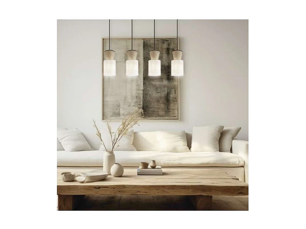 Colgante alargado 4 luces modelo Aosta acabado beige/madera, 30cm(alto) 85cm(ancho) 15cm(f