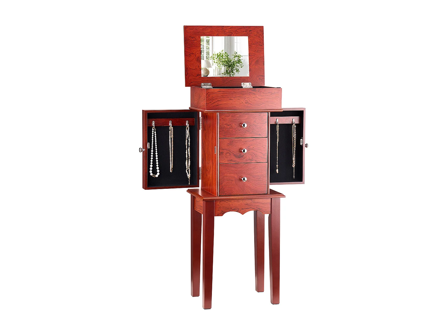 Armoire à Bijoux SucceBuy sur Pied en Bois, Coffre Rangement à Bijoux avec 3 Tiroirs, Miroir Rabattable, 4 Compartiments Rangement Supérieurs, Poignées