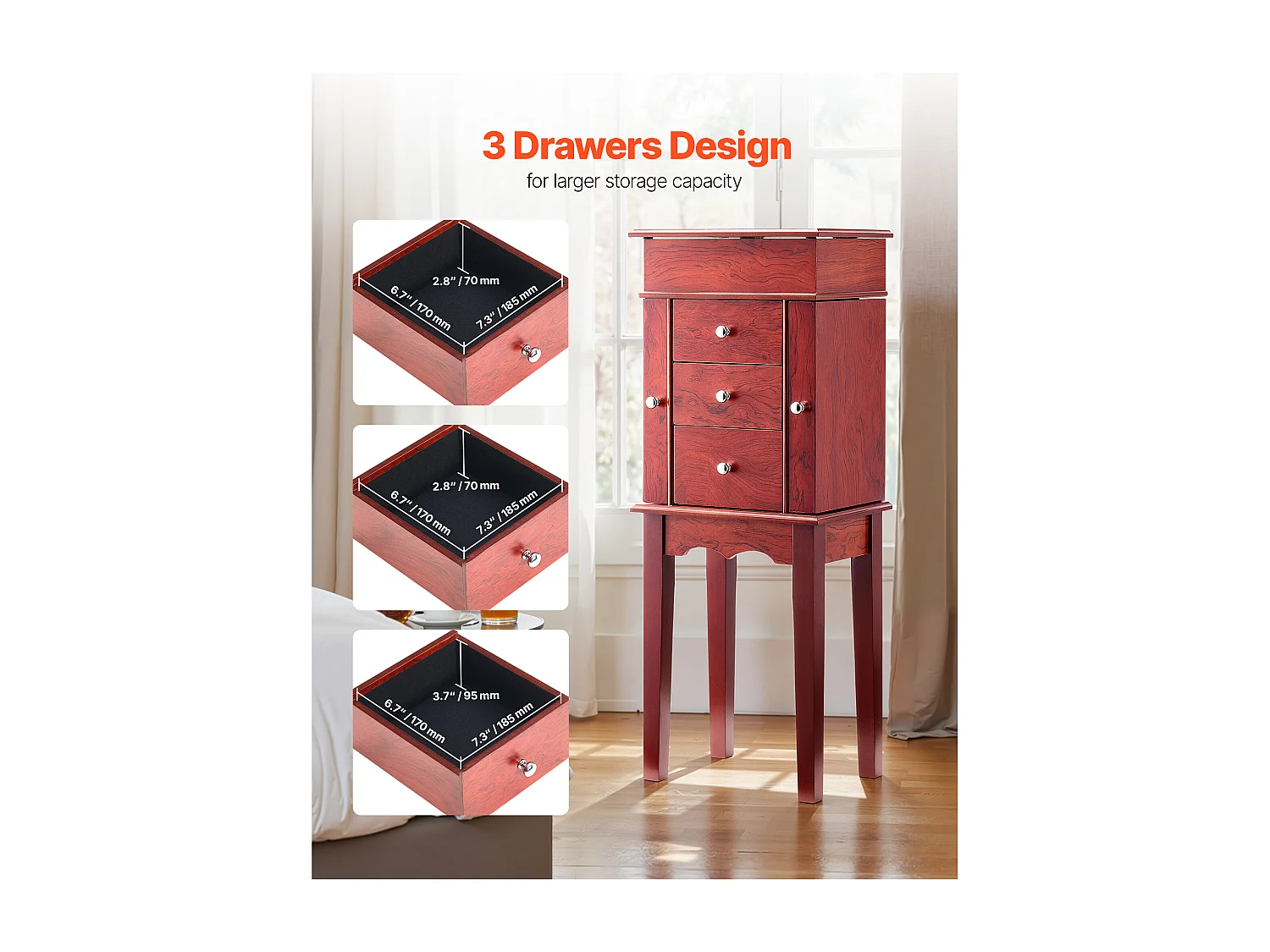 Armoire à Bijoux SucceBuy sur Pied en Bois, Coffre Rangement à Bijoux avec 3 Tiroirs, Miroir Rabattable, 4 Compartiments Rangement Supérieurs, Poignées